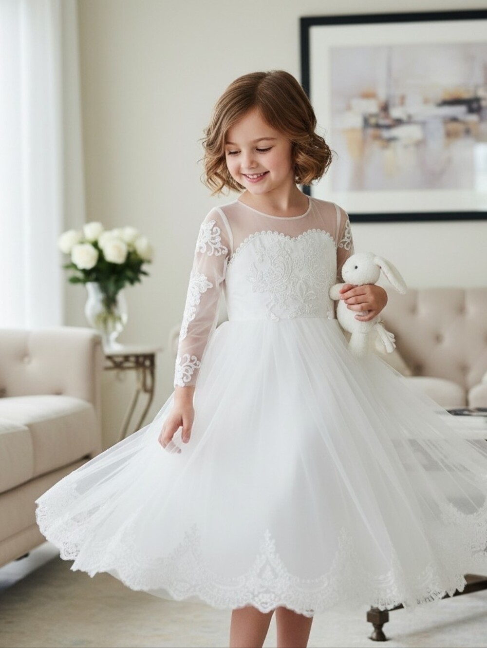 Wedding Flower Girl Communion Dress White Lace & Tulle Gown Sz 8-9 NWOT Formal